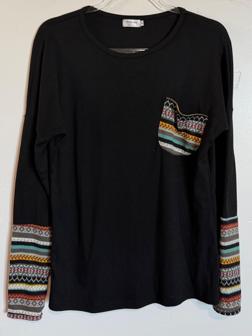 Western Black Long-Sleeve Tee with Cotton Blend Patterned Pocket & Cuff Accents